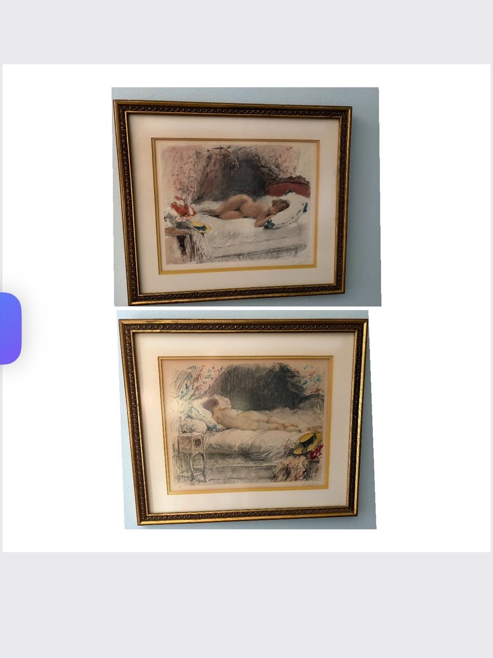 Framed Vintage Reproduction Nude Art Prints in Gold Frames - Set of 2